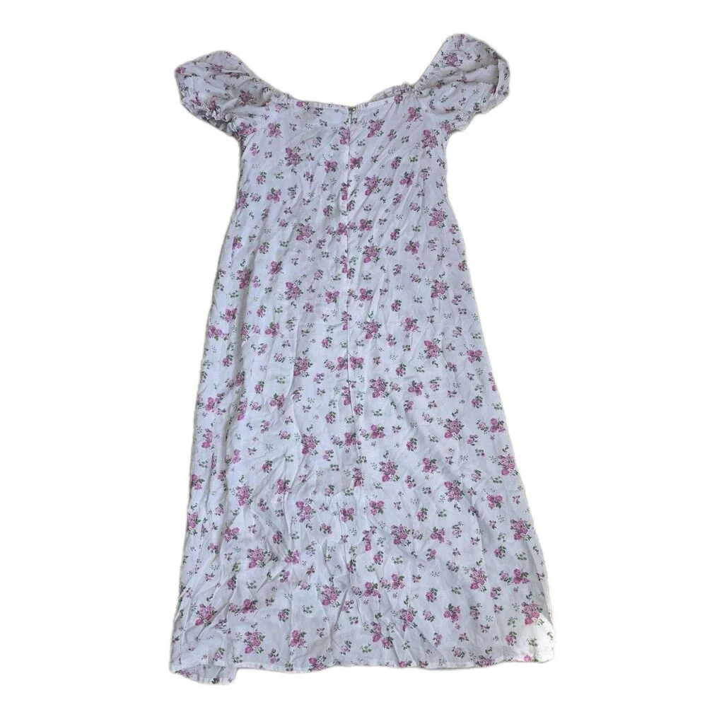 No Boundaries White Floral Rose Midi Dress Puff Sleeves Size S 4-6